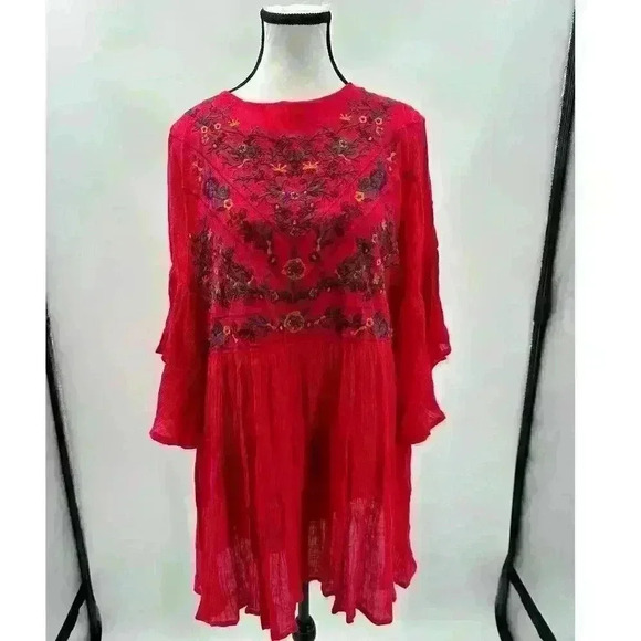 Umgee Red Women's Floral Embroidered Keyhole Bell Sleeve Mini Dress Bohemian SM - Picture 4 of 8